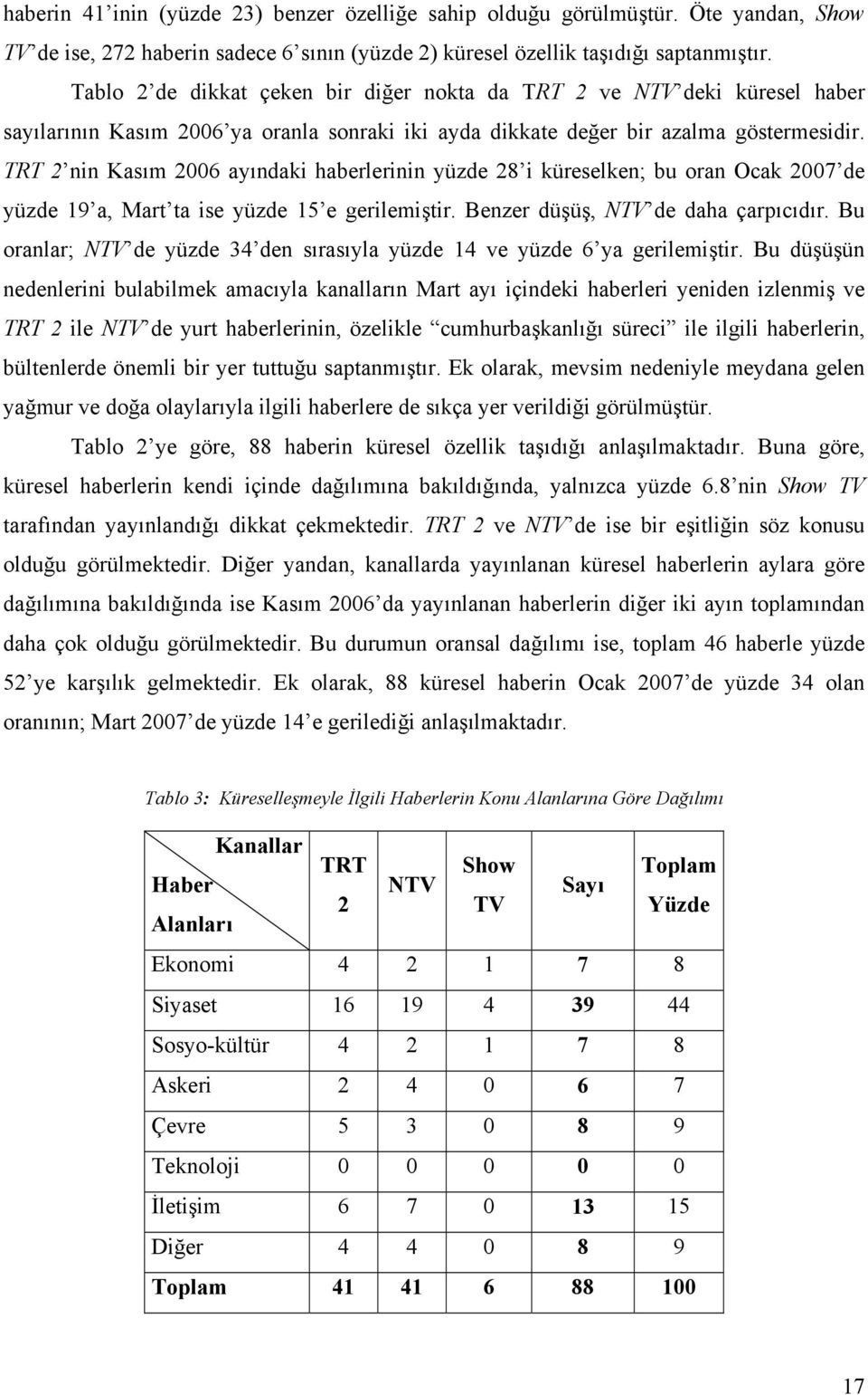 TRT 2 nin Kasım 2006 ayındaki haberlerinin yüzde 28 i küreselken; bu oran Ocak 2007 de yüzde 19 a, Mart ta ise yüzde 15 e gerilemiştir. Benzer düşüş, NTV de daha çarpıcıdır.