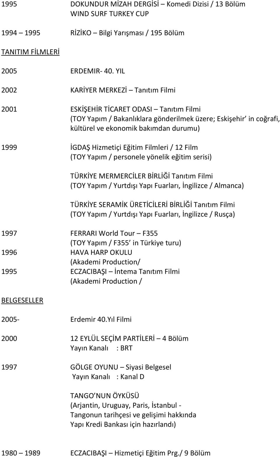 Hizmetiçi Eğitim Filmleri / 12 Film (TOY Yapım / personele yönelik eğitim serisi) TÜRKİYE MERMERCİLER BİRLİĞİ Tanıtım Filmi (TOY Yapım / Yurtdışı Yapı Fuarları, İngilizce / Almanca) TÜRKİYE SERAMİK