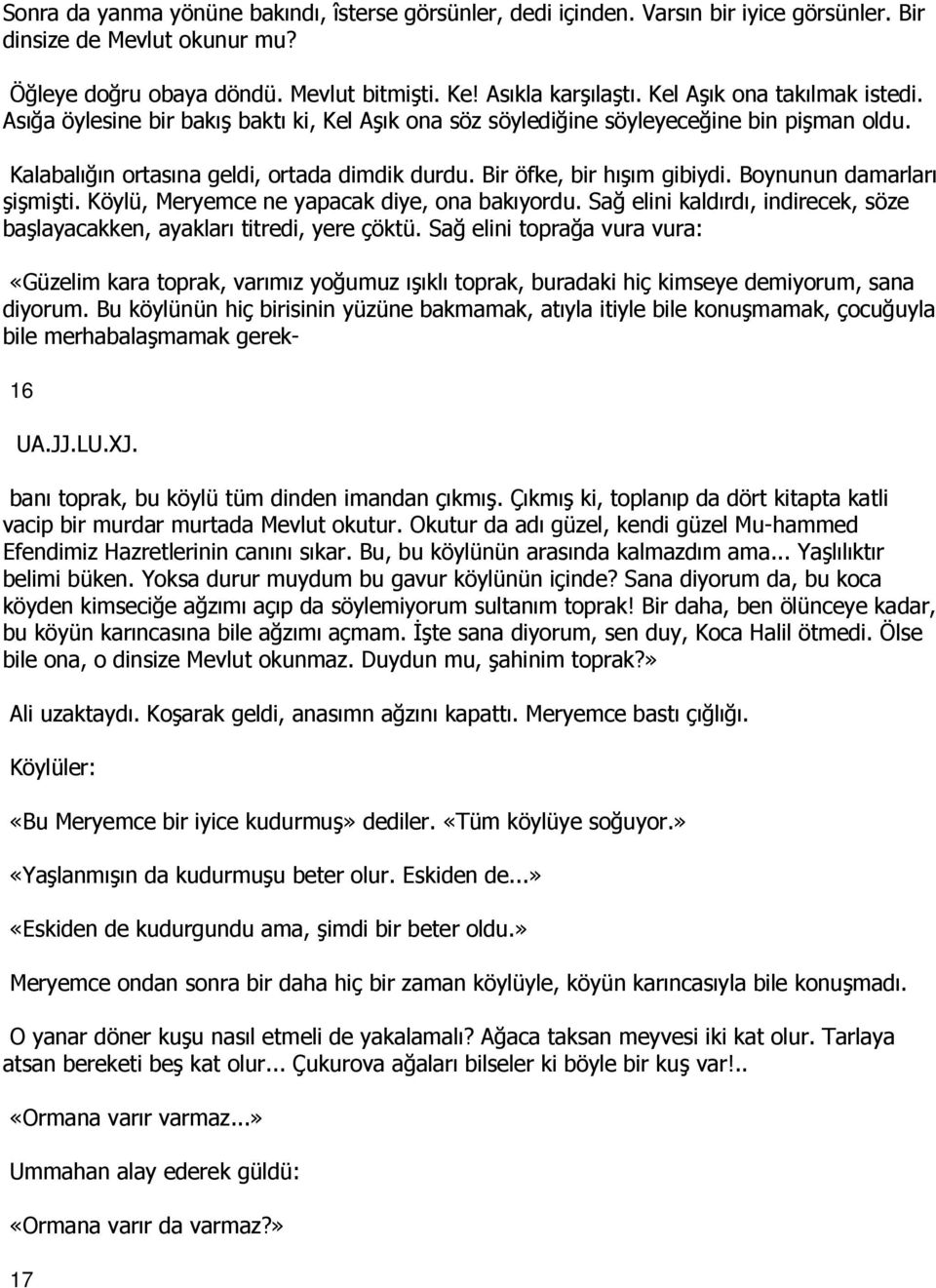 Bir öfke, bir hışım gibiydi. Boynunun damarları şişmişti. Köylü, Meryemce ne yapacak diye, ona bakıyordu. Sağ elini kaldırdı, indirecek, söze başlayacakken, ayakları titredi, yere çöktü.