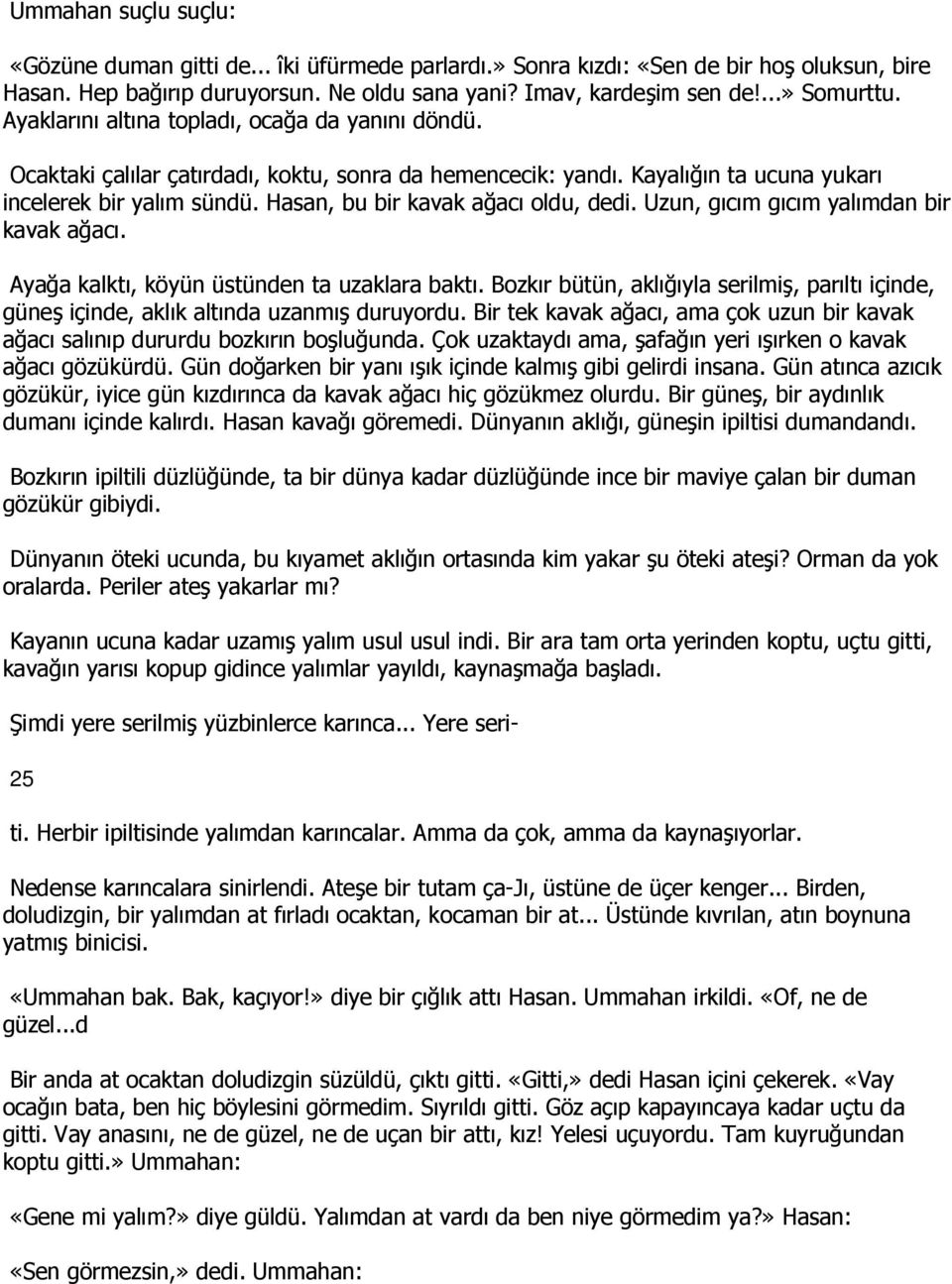 Hasan, bu bir kavak ağacı oldu, dedi. Uzun, gıcım gıcım yalımdan bir kavak ağacı. Ayağa kalktı, köyün üstünden ta uzaklara baktı.