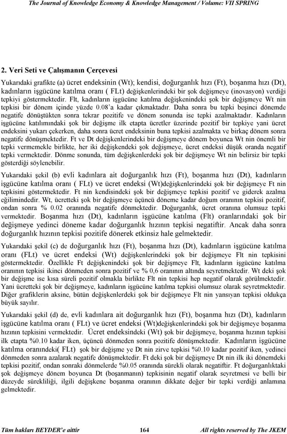 değişmeye (inovasyon) verdiği tepkiyi göstermektedir. Flt, kadınların işgücüne katılma değişkenindeki şok bir değişmeye Wt nin tepkisi bir dönem içinde yüzde 0.08 a kadar çıkmaktadır.