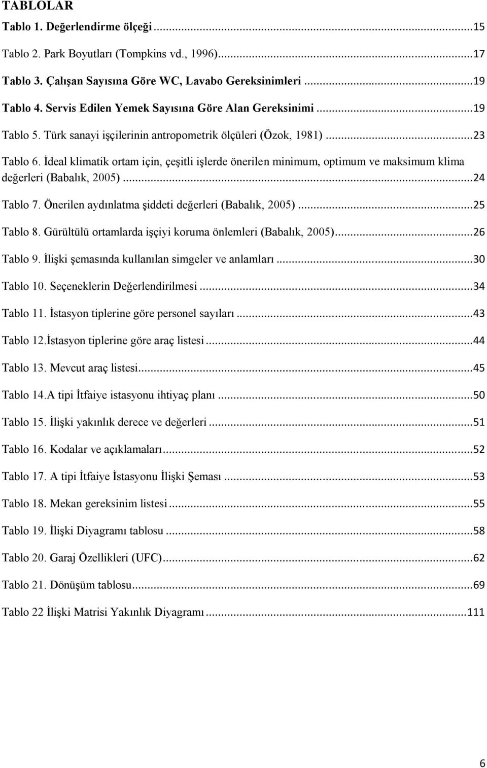 İdeal klimatik ortam için, çeşitli işlerde önerilen minimum, optimum ve maksimum klima değerleri (Babalık, 2005)... 24 Tablo 7. Önerilen aydınlatma şiddeti değerleri (Babalık, 2005)... 25 Tablo 8.