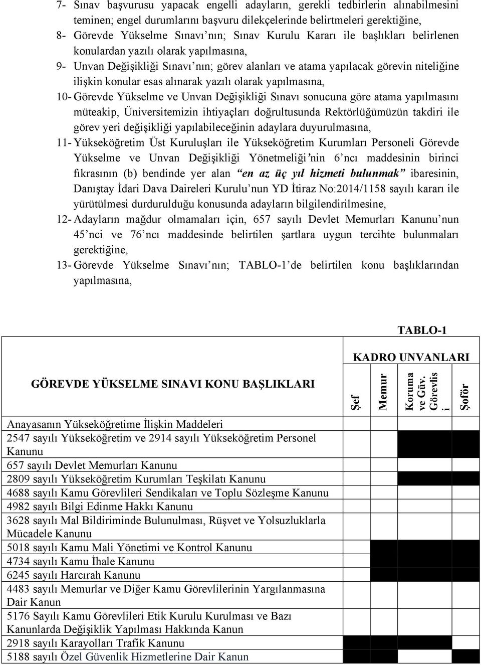 yazılı olarak yapılmasına, 10- Görevde Yükselme ve Unvan Değişikliği Sınavı sonucuna göre atama yapılmasını müteakip, Üniversitemizin ihtiyaçları doğrultusunda Rektörlüğümüzün takdiri ile görev yeri