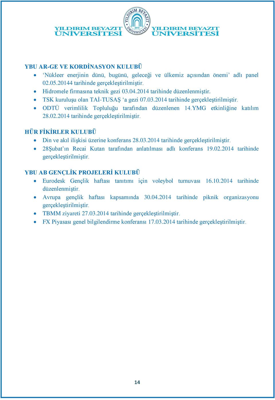 2014 tarihinde gerçekleştirilmiştir. HÜR FİKİRLER KULUBÜ Din ve akıl ilişkisi üzerine konferans 28.03.2014 tarihinde gerçekleştirilmiştir. 28Şubat ın Recai Kutan tarafından anlatılması adlı konferans 19.