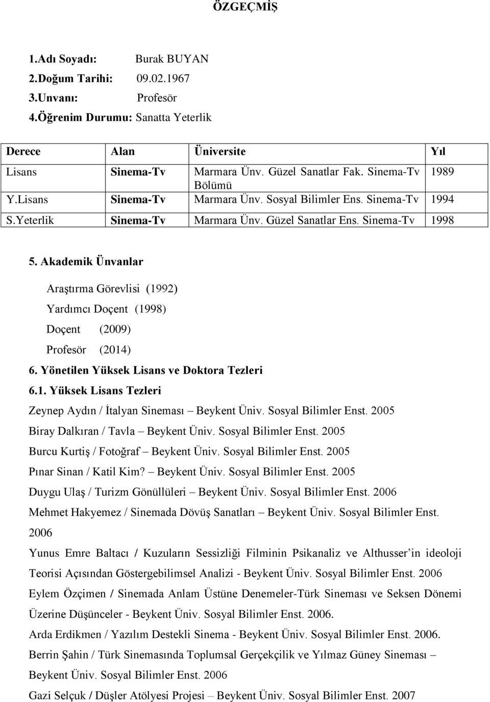 Akademik Ünvanlar Araştırma Görevlisi (1992) Yardımcı Doçent (1998) Doçent (2009) Profesör (2014) 6. Yönetilen Yüksek Lisans ve Doktora Tezleri 6.1. Yüksek Lisans Tezleri Zeynep Aydın / İtalyan Sineması Beykent Üniv.