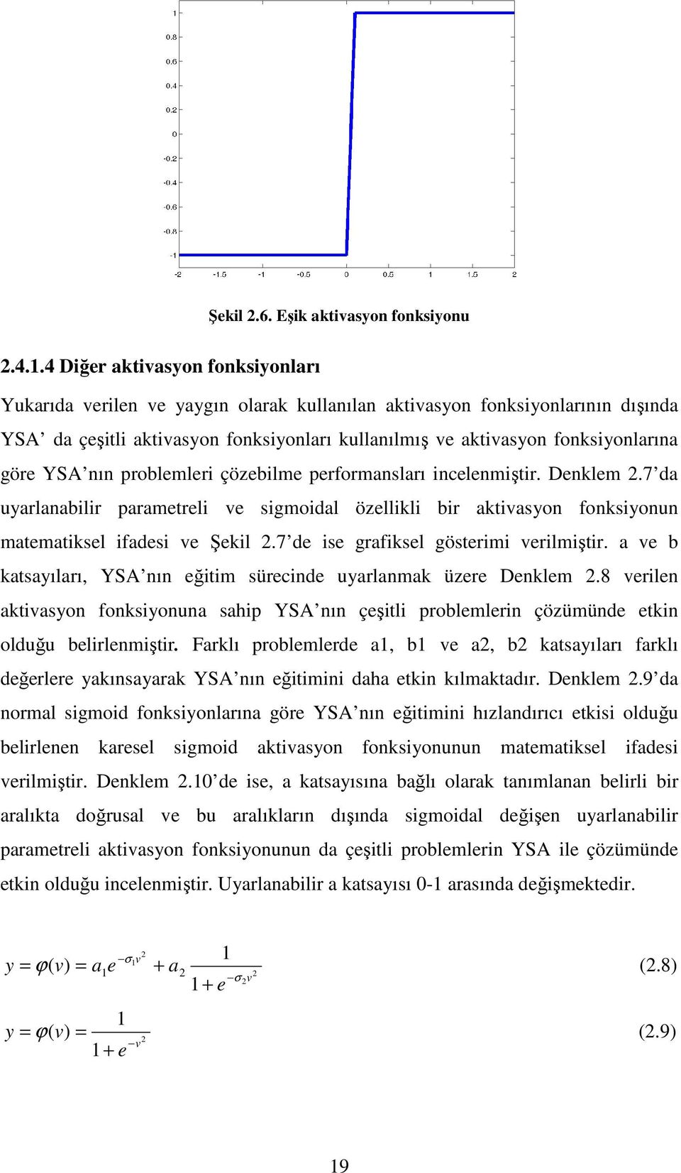 göre YSA nın problemleri çözebilme performansları incelenmiştir. Denklem 2.7 da uyarlanabilir parametreli ve sigmoidal özellikli bir aktivasyon fonksiyonun matematiksel ifadesi ve Şekil 2.