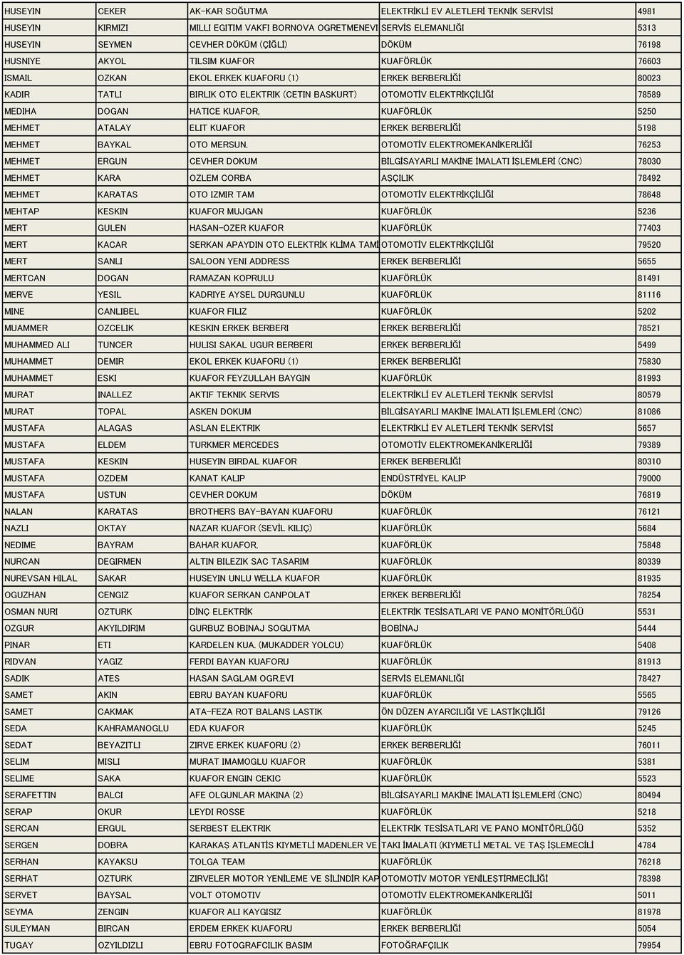 HATICE KUAFOR, KUAFÖRLÜK 5250 MEHMET ATALAY ELIT KUAFOR ERKEK BERBERLİĞİ 5198 MEHMET BAYKAL OTO MERSUN.