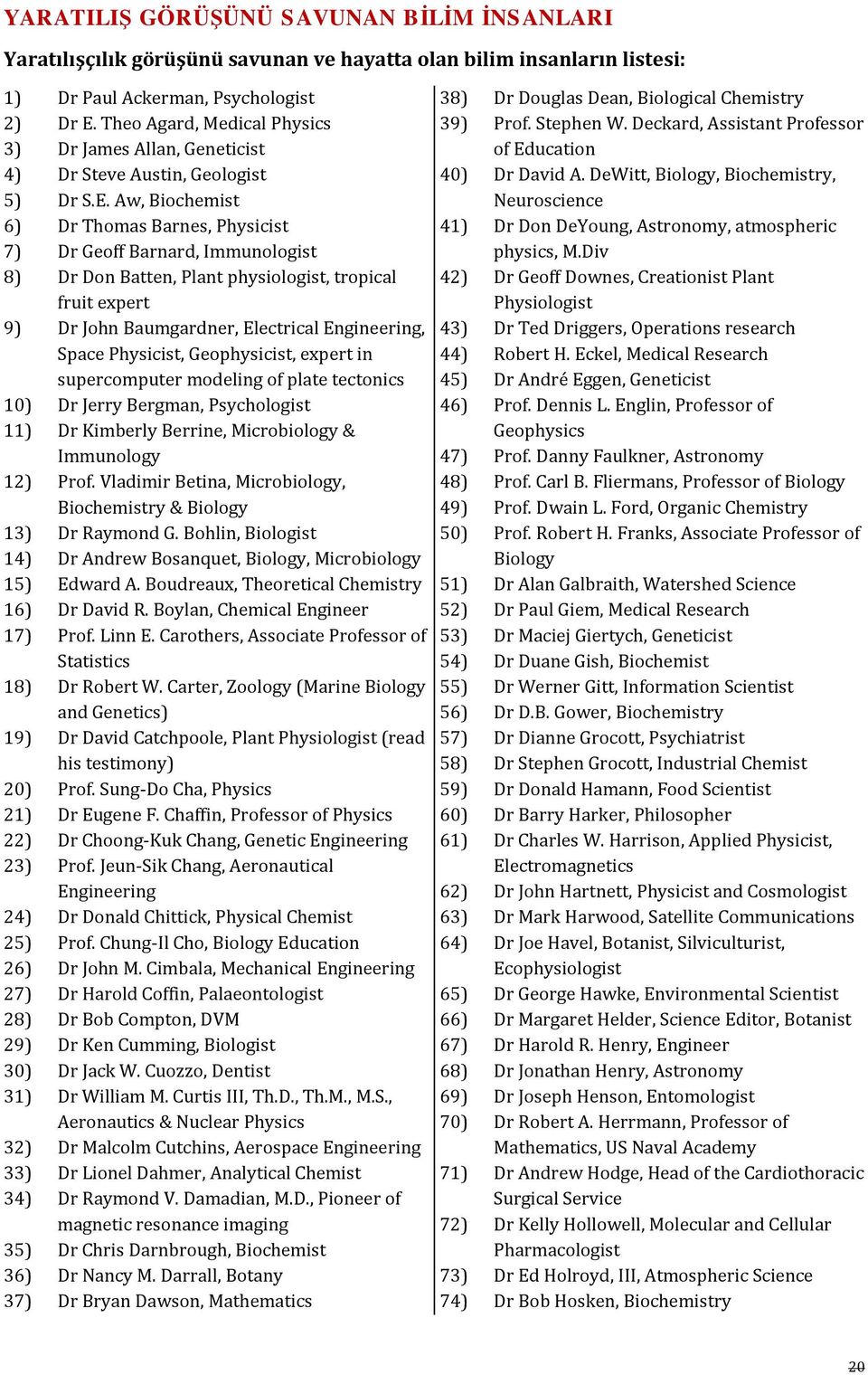 Aw, Biochemist 6) Dr Thomas Barnes, Physicist 7) Dr Geoff Barnard, Immunologist 8) Dr Don Batten, Plant physiologist, tropical fruit expert 9) Dr John Baumgardner, Electrical Engineering, Space