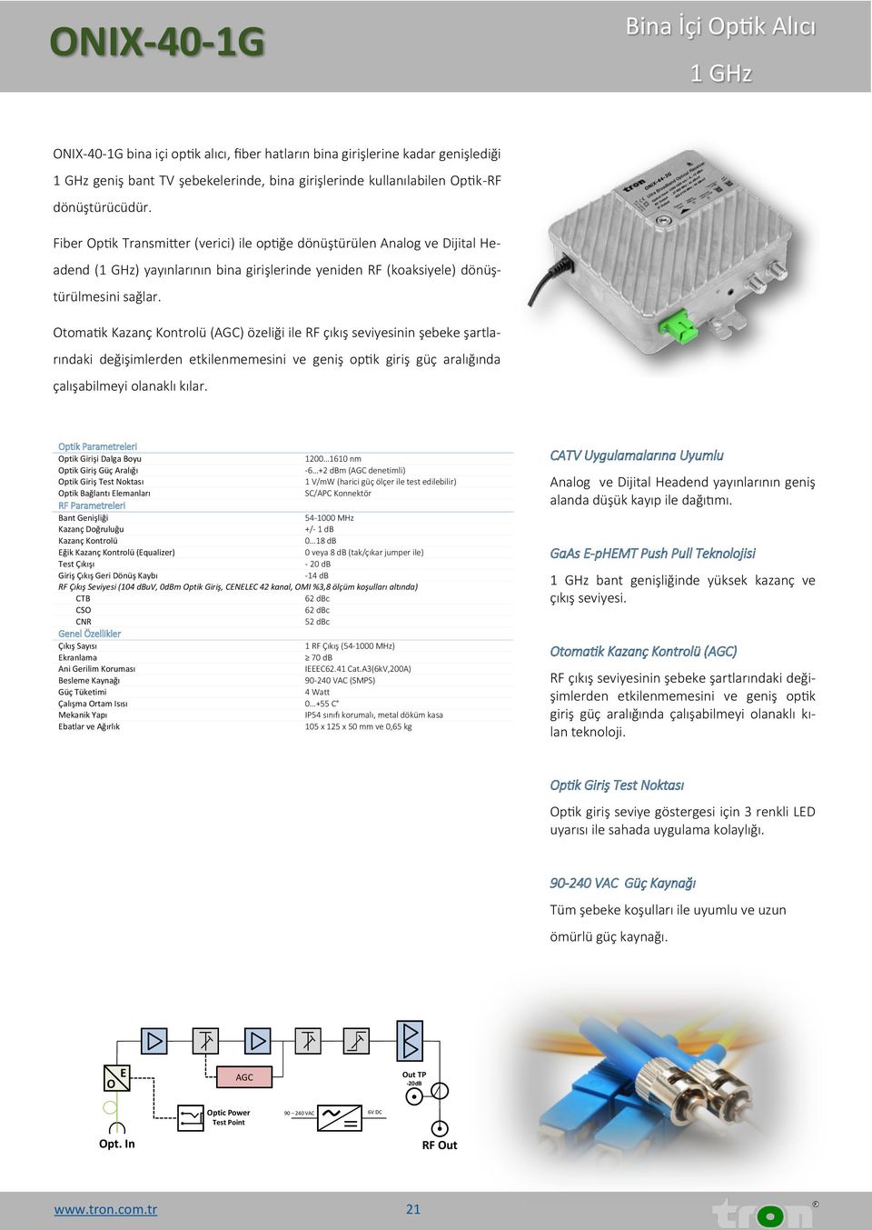 Otomatik Kontrolü (AGC) özeliği ile RF çıkış seviyesinin şebeke şartlarındaki değişimlerden etkilenmemesini ve geniş optik giriş güç aralığında çalışabilmeyi olanaklı kılar.