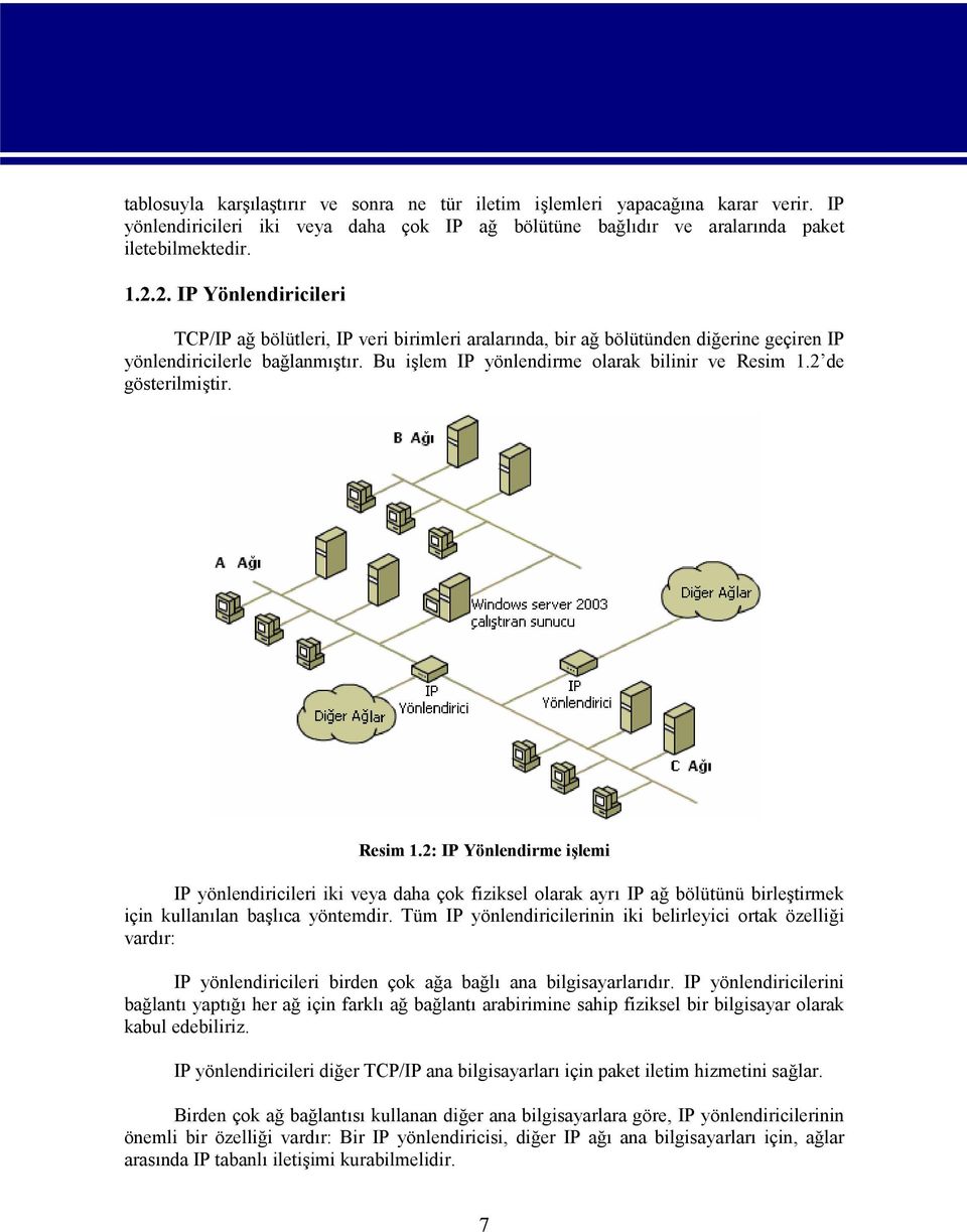 2 de gösterilmiştir. Resim 1.2: IP Yönlendirme işlemi IP yönlendiricileri iki veya daha çok fiziksel olarak ayrı IP ağ bölütünü birleştirmek için kullanılan başlıca yöntemdir.