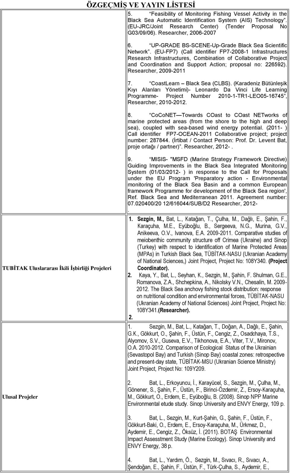 (EU-FP7) (Call identifier FP7-2008-1 Infrastructures Research Infrastructures, Combination of Collaborative Project and Coordination and Support Action; proposal no: 226592). Researcher, 2009-2011 7.