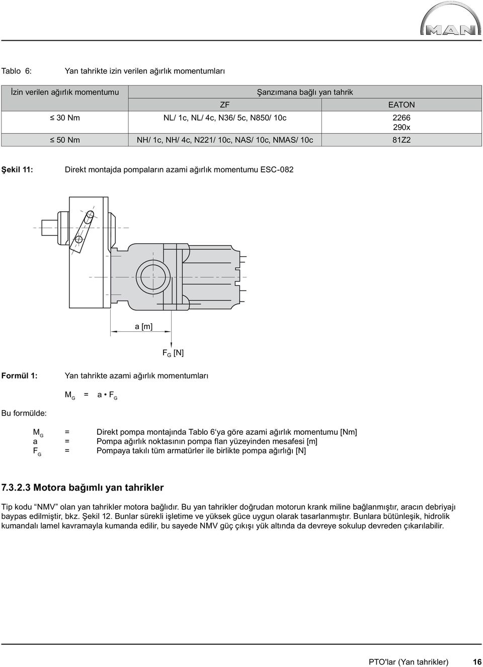 Direkt pompa montajında Tablo 6 ya göre azami ağırlık momentumu [Nm] a = Pompa ağırlık noktasının pompa flan yüzeyinden mesafesi [m] F G = Pompaya takılı tüm armatürler ile birlikte pompa ağırlığı
