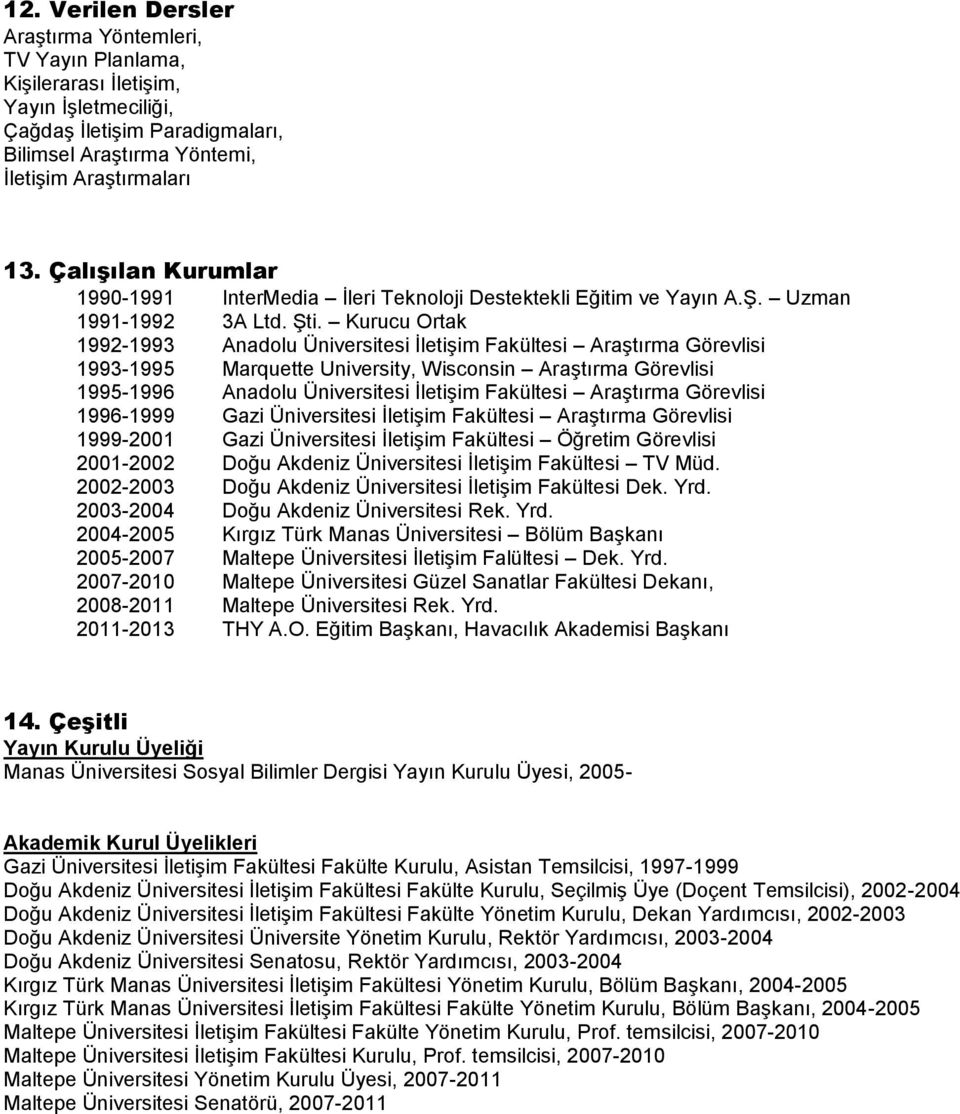 Kurucu Ortak 1992-1993 Anadolu Üniversitesi İletişim Fakültesi Araştırma Görevlisi 1993-1995 Marquette University, Wisconsin Araştırma Görevlisi 1995-1996 Anadolu Üniversitesi İletişim Fakültesi