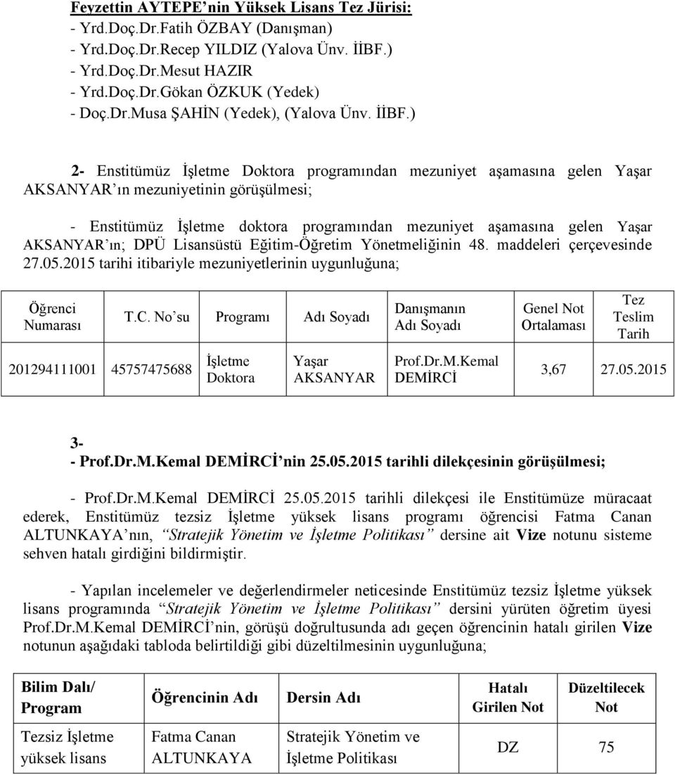 AKSANYAR ın; DPÜ Lisansüstü Eğitim-Öğretim Yönetmeliğinin 48. maddeleri çerçevesinde 27.05.2015 tarihi itibariyle mezuniyetlerinin uygunluğuna; Öğrenci Numarası 201294111001 45757475688 T.C.