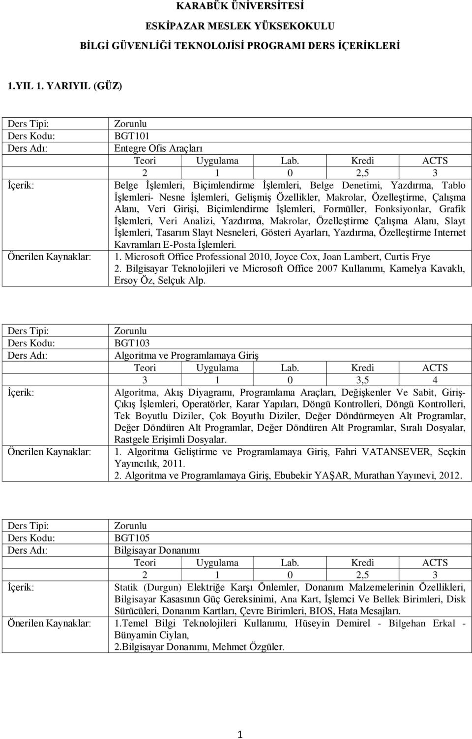 Alanı, Veri Girişi, Biçimlendirme İşlemleri, Formüller, Fonksiyonlar, Grafik İşlemleri, Veri Analizi, Yazdırma, Makrolar, Özelleştirme Çalışma Alanı, Slayt İşlemleri, Tasarım Slayt Nesneleri, Gösteri