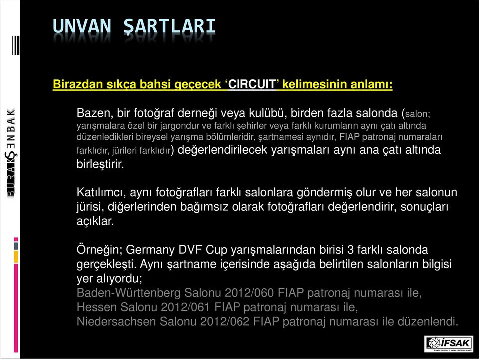 çatı altında birleştirir. Katılımcı, aynı fotoğrafları farklı salonlara göndermiş olur ve her salonun jürisi, diğerlerinden bağımsız olarak fotoğrafları değerlendirir, sonuçları açıklar.