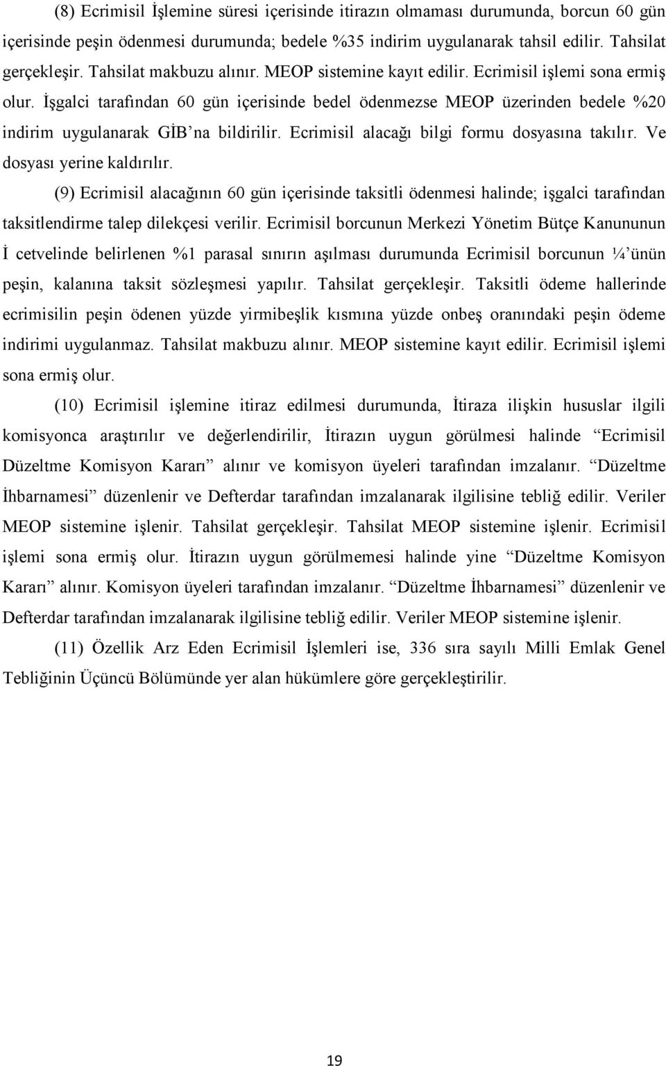 İşgalci tarafından 60 gün içerisinde bedel ödenmezse MEOP üzerinden bedele %20 indirim uygulanarak GİB na bildirilir. Ecrimisil alacağı bilgi formu dosyasına takılır. Ve dosyası yerine kaldırılır.