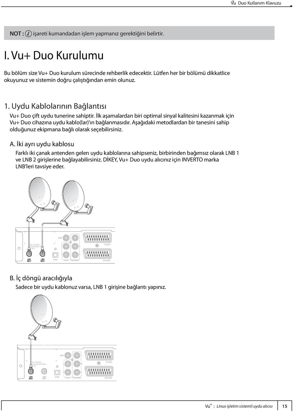 İlk aşamalardan biri optimal sinyal kalitesini kazanmak için Vu Duo cihazına uydu kablo(lar) ın bağlanmasıdır. Aşağıdaki metodlardan bir tanesini sahip olduğunuz ekipmana bağlı olarak seçebilirsiniz.