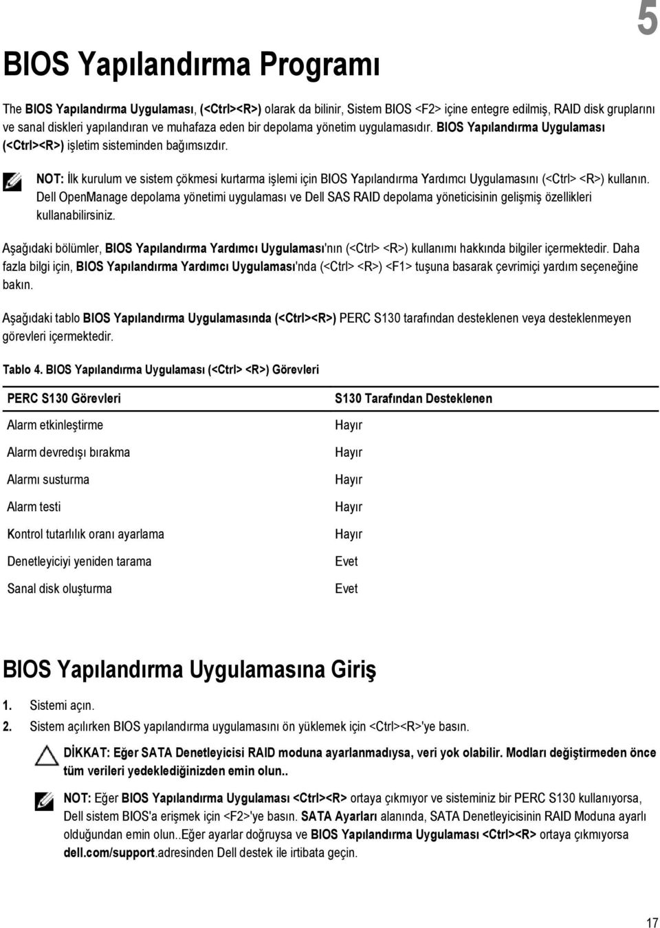 NOT: İlk kurulum ve sistem çökmesi kurtarma işlemi için BIOS Yapılandırma Yardımcı Uygulamasını (<Ctrl> <R>) kullanın.