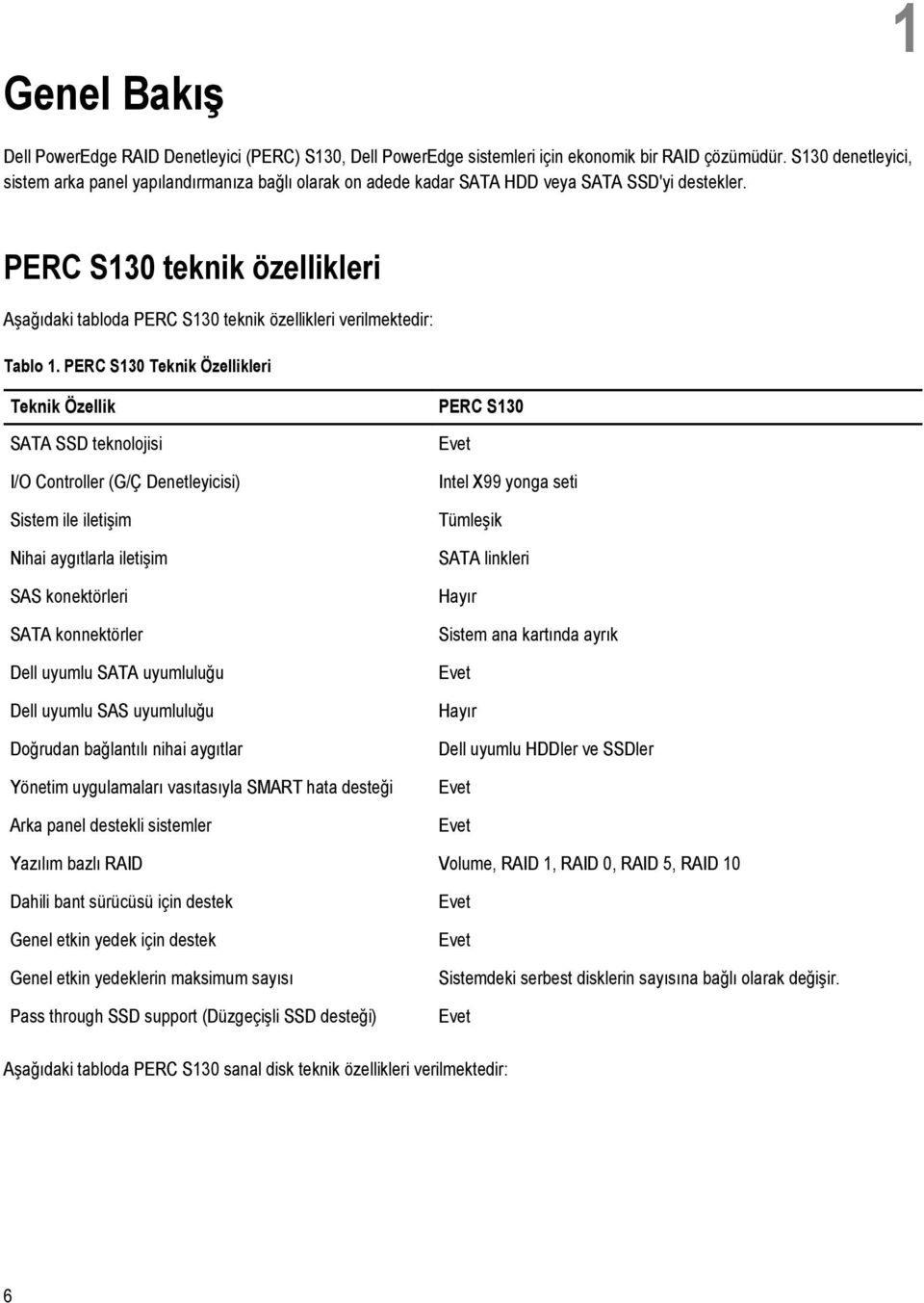 PERC S130 teknik özellikleri Aşağıdaki tabloda PERC S130 teknik özellikleri verilmektedir: Tablo 1.