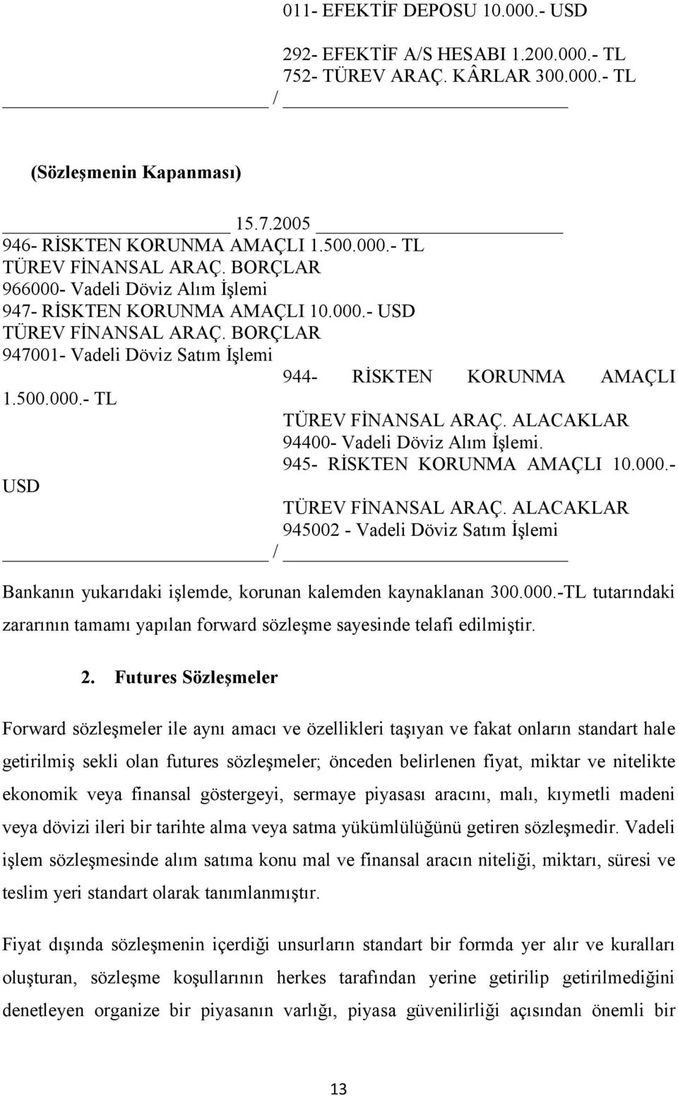 ALACAKLAR 94400- Vadeli Döviz Alım İşlemi. 945- RİSKTEN KORUNMA AMAÇLI 10.000.- USD TÜREV FİNANSAL ARAÇ.