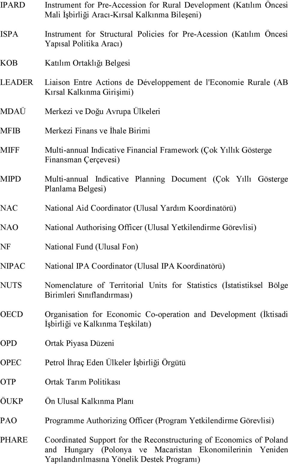 (AB Kırsal Kalkınma Girişimi) Merkezi ve Doğu Avrupa Ülkeleri Merkezi Finans ve Đhale Birimi Multi-annual Indicative Financial Framework (Çok Yıllık Gösterge Finansman Çerçevesi) Multi-annual