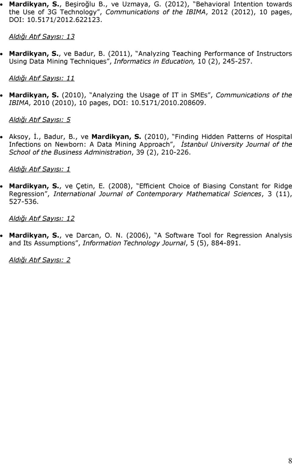 Aldığı Atıf Sayısı: 11 Mardikyan, S. (2010), Analyzing the Usage of IT in SMEs, Communications of the IBIMA, 2010 (2010), 10 pages, DOI: 10.5171/2010.208609. Aldığı Atıf Sayısı: 5 Aksoy, İ., Badur, B.