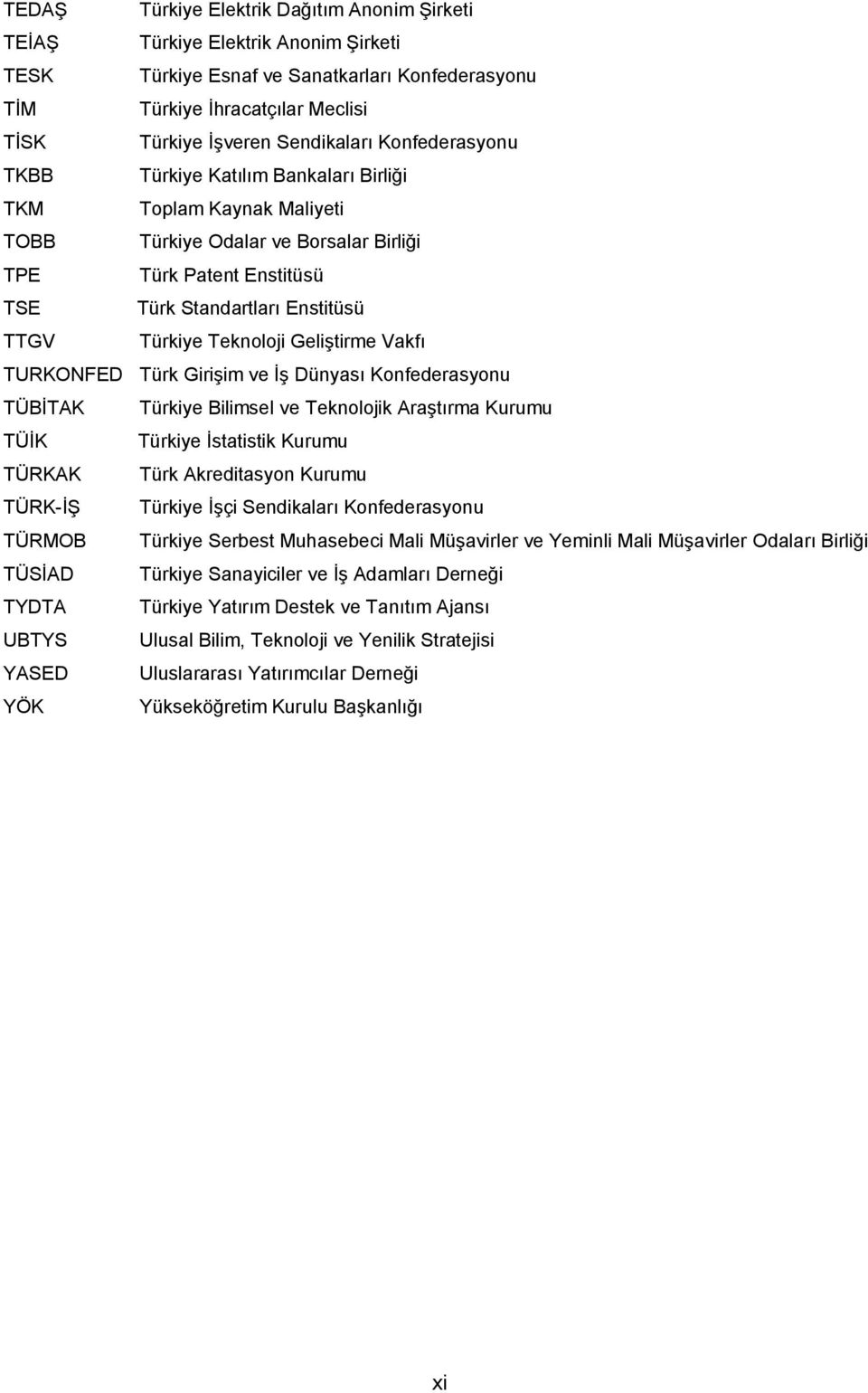 Teknoloji Geliştirme Vakfı TURKONFED Türk Girişim ve İş Dünyası Konfederasyonu TÜBİTAK Türkiye Bilimsel ve Teknolojik Araştırma Kurumu TÜİK Türkiye İstatistik Kurumu TÜRKAK Türk Akreditasyon Kurumu