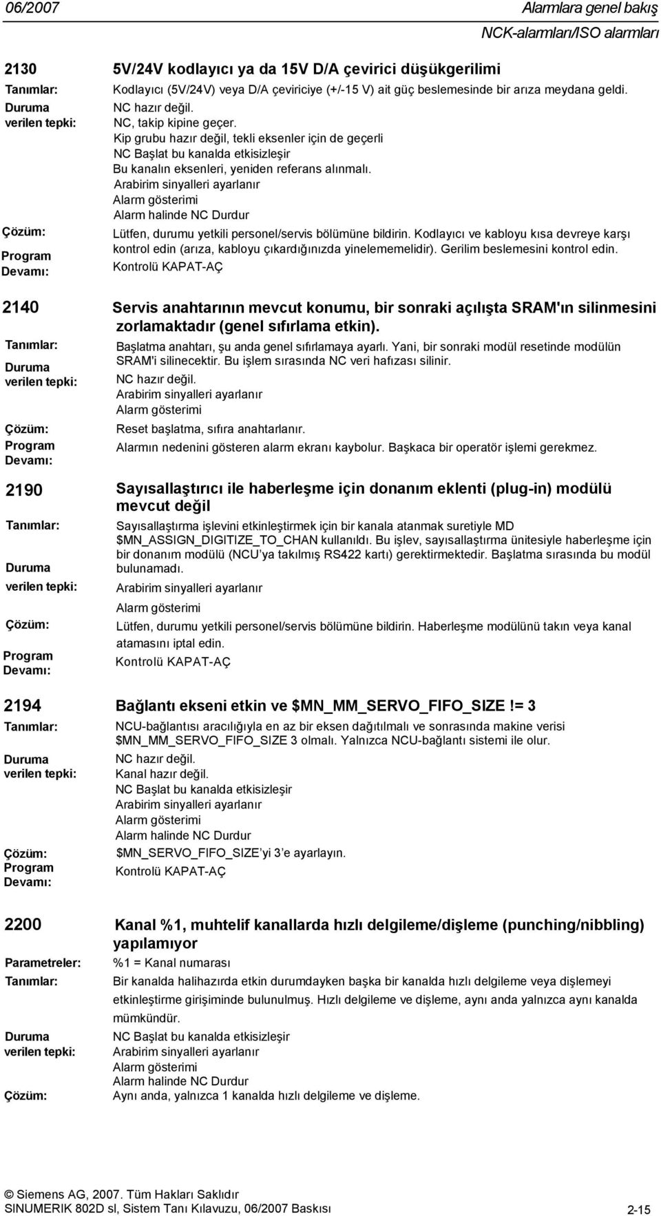 Arabirim sinyalleri ayarlanır Alarm halinde NC Durdur Lütfen, durumu yetkili personel/servis bölümüne bildirin.