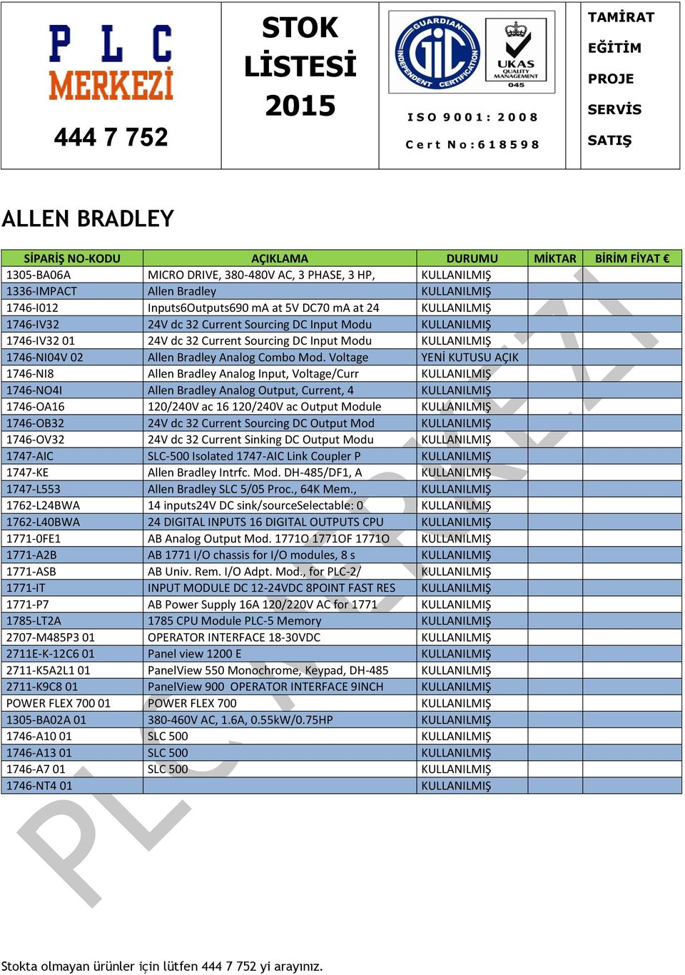 Voltage YENİ KUTUSU AÇIK 1746-NI8 Allen Bradley Analog Input, Voltage/Curr 1746-NO4I Allen Bradley Analog Output, Current, 4 1746-OA16 120/240V ac 16 120/240V ac Output Module 1746-OB32 24V dc 32