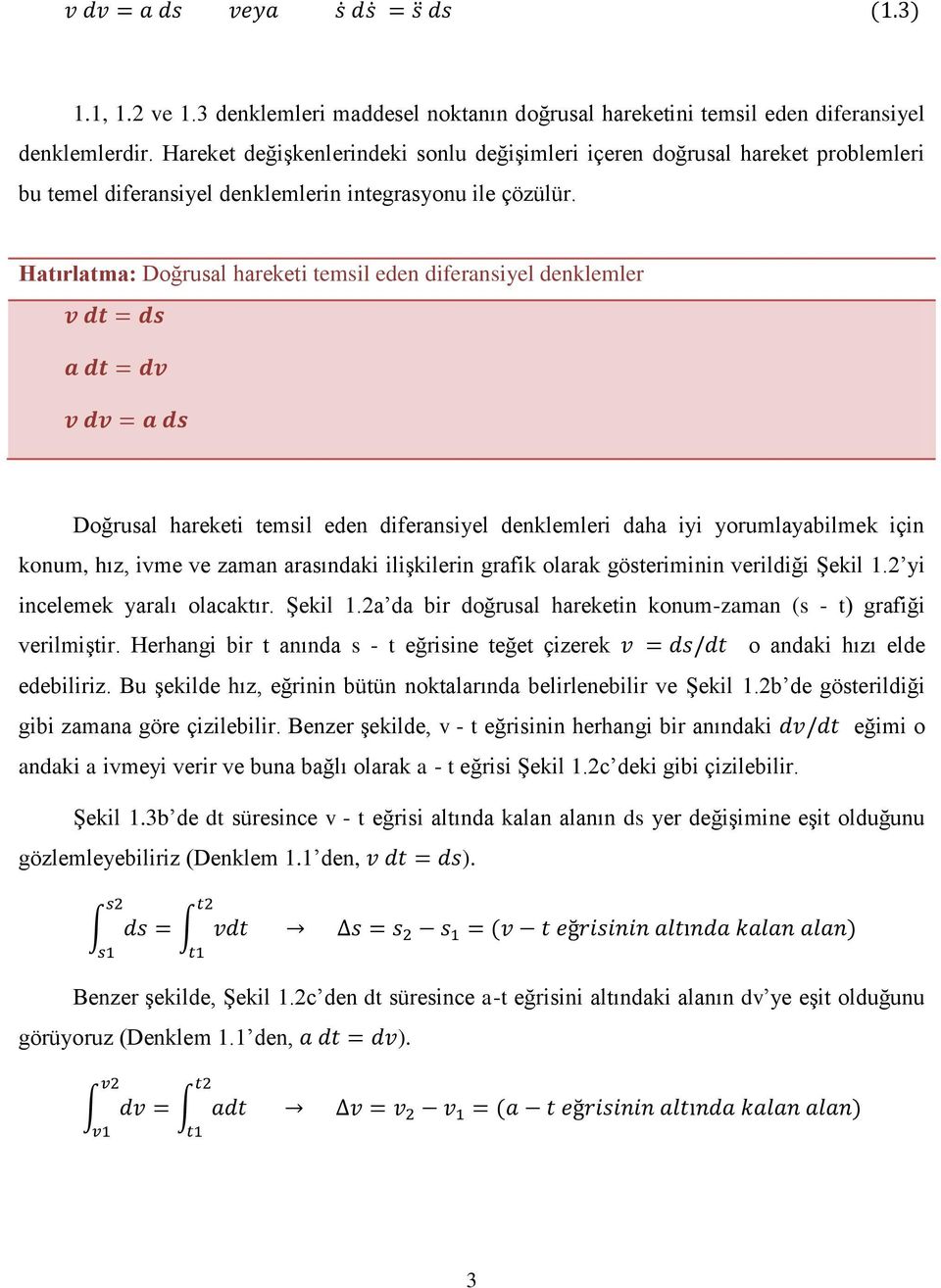 Hatırlatma: Doğrusal hareketi temsil eden diferansiyel denklemler Doğrusal hareketi temsil eden diferansiyel denklemleri daha iyi yorumlayabilmek için konum, hız, ivme ve zaman arasındaki ilişkilerin