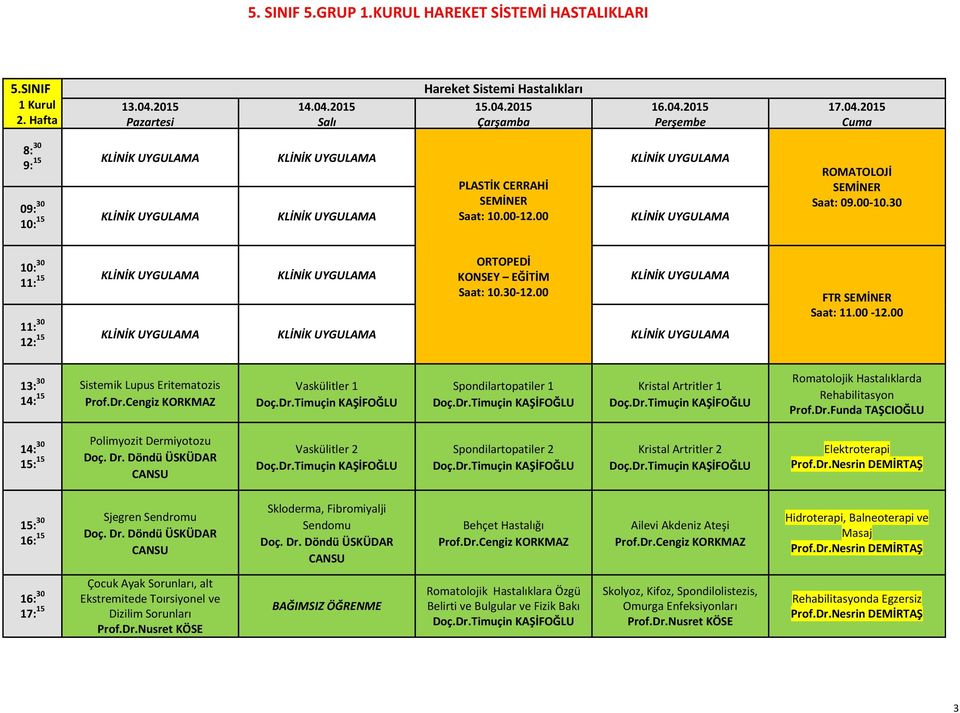 Funda TAŞCIOĞLU 14: 30 Polimyozit Dermiyotozu 15: 15 Doç. Dr. Döndü ÜSKÜDAR CANSU Vaskülitler 2 Spondilartopatiler 2 Kristal Artritler 2 Elektroterapi Sjegren Sendromu 16: 15 Doç. Dr. Döndü ÜSKÜDAR CANSU Skloderma, Fibromiyalji Sendomu Doç.