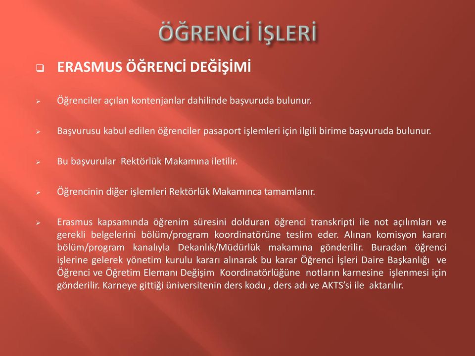 Erasmus kapsamında öğrenim süresini dolduran öğrenci transkripti ile not açılımları ve gerekli belgelerini bölüm/program koordinatörüne teslim eder.