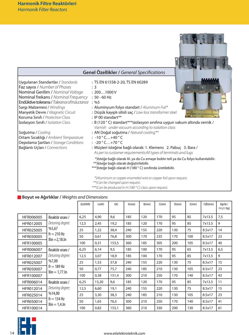 / Ambient Temparature Depolama Şartları / Storage Conditions Bağlantı Uçları / Connections Boyut ve Ağırlıklar / Weights and Dimensions Genel Özellikler / General Specifications : TS EN 61558-2-20,