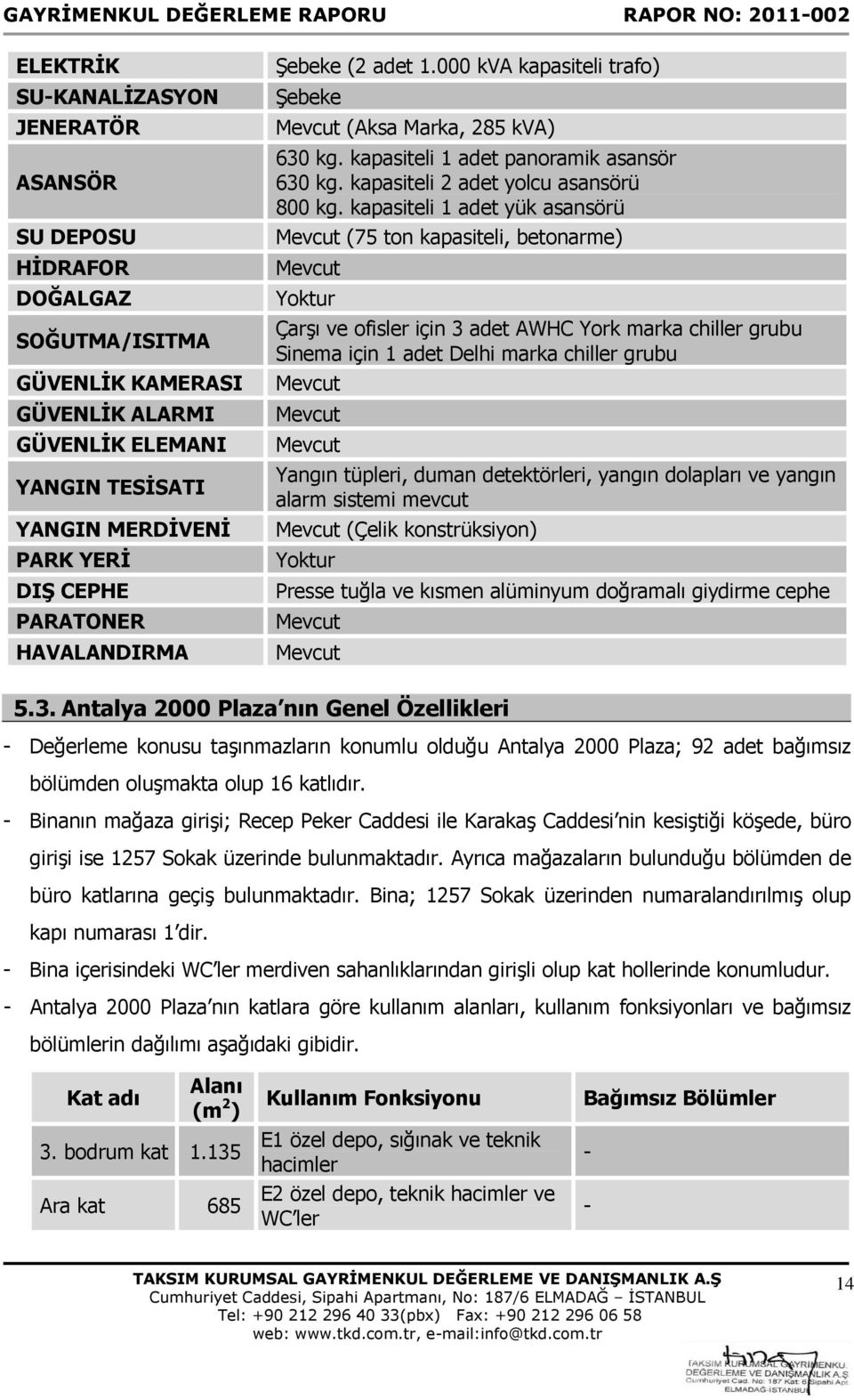 kapasiteli 1 adet yük asansörü Mevcut (75 ton kapasiteli, betonarme) Mevcut Yoktur Çarşı ve ofisler için 3 adet AWHC York marka chiller grubu Sinema için 1 adet Delhi marka chiller grubu Mevcut