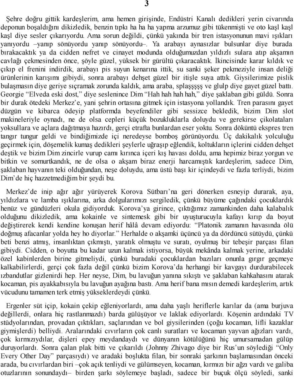 Ya arabayı aynasızlar bulsunlar diye burada bırakacaktık ya da cidden nefret ve cinayet modunda olduğumuzdan yıldızlı sulara atıp akşamın cavlağı çekmesinden önce, şöyle güzel, yüksek bir gürültü