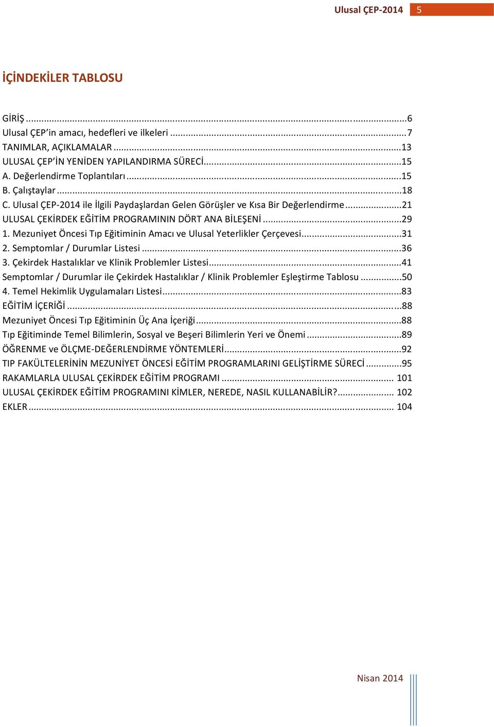 Mezuniyet Öncesi Tıp Eğitiminin Amacı ve Ulusal Yeterlikler Çerçevesi...31 2. Semptomlar / Durumlar Listesi...36 3. Çekirdek Hastalıklar ve Klinik Problemler Listesi.