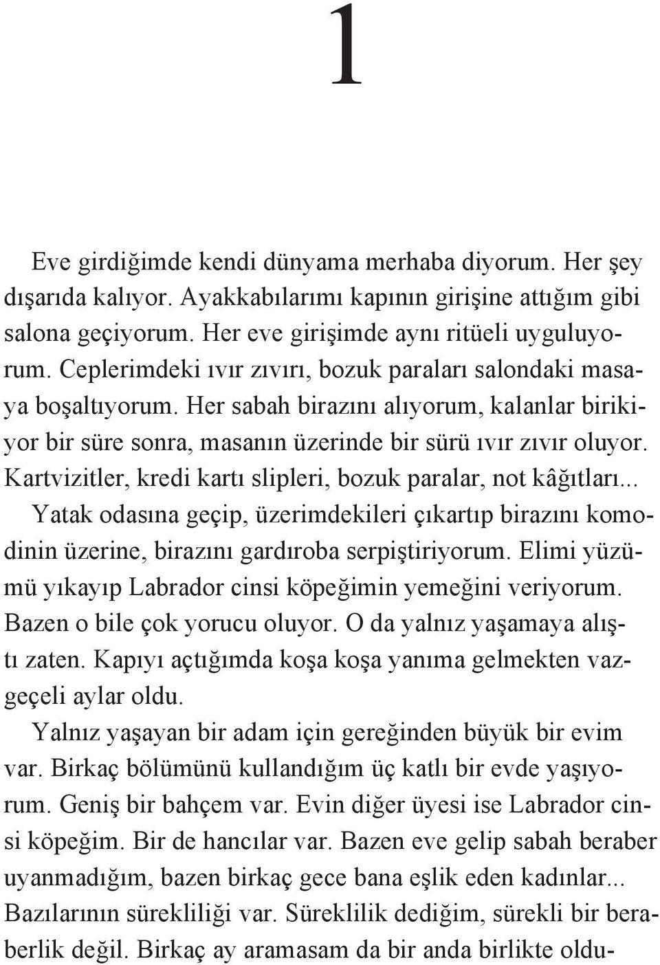 Kartvizitler, kredi kartı slipleri, bozuk paralar, not kâğıtları... Yatak odasına geçip, üzerimdekileri çıkartıp birazını komodinin üzerine, birazını gardıroba serpiştiriyorum.