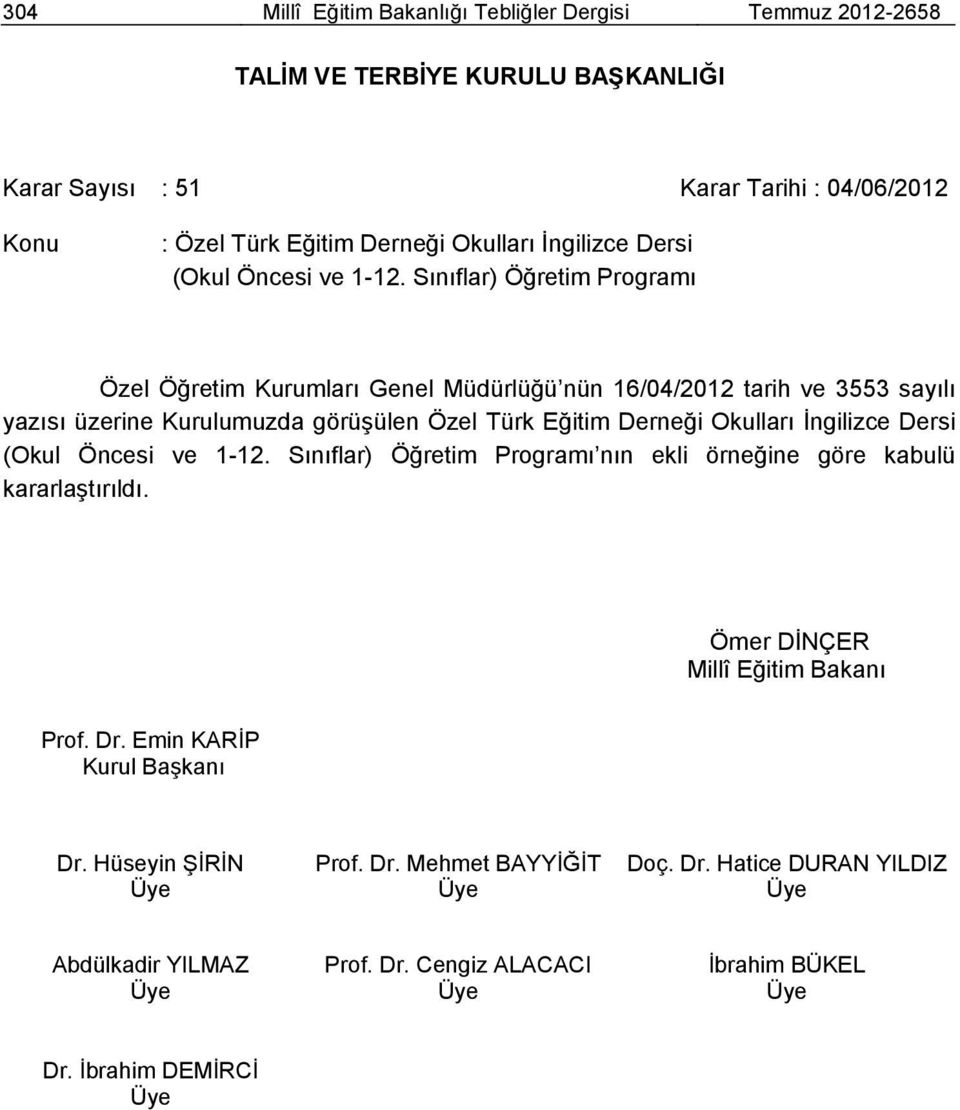 Sınıflar) Öğretim Programı Özel Öğretim Kurumları Genel Müdürlüğü nün 16/04/2012 tarih ve 3553 sayılı yazısı üzerine Kurulumuzda görüşülen Özel Türk Eğitim Derneği  Sınıflar)