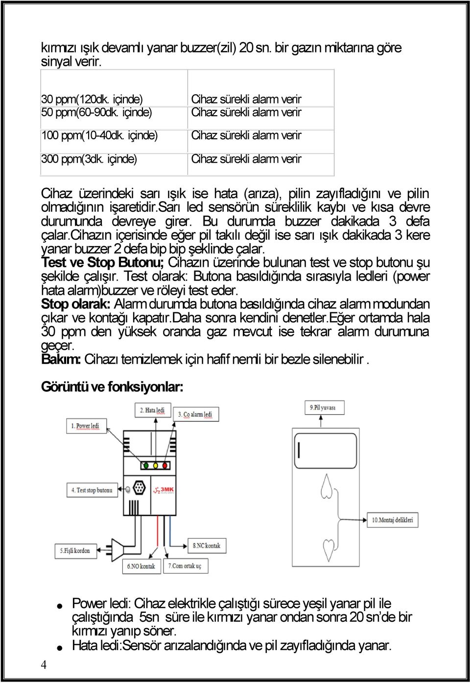 sarı led sensörün süreklilik kaybı ve kısa devre durumunda devreye girer. Bu durumda buzzer dakikada 3 defa çalar.