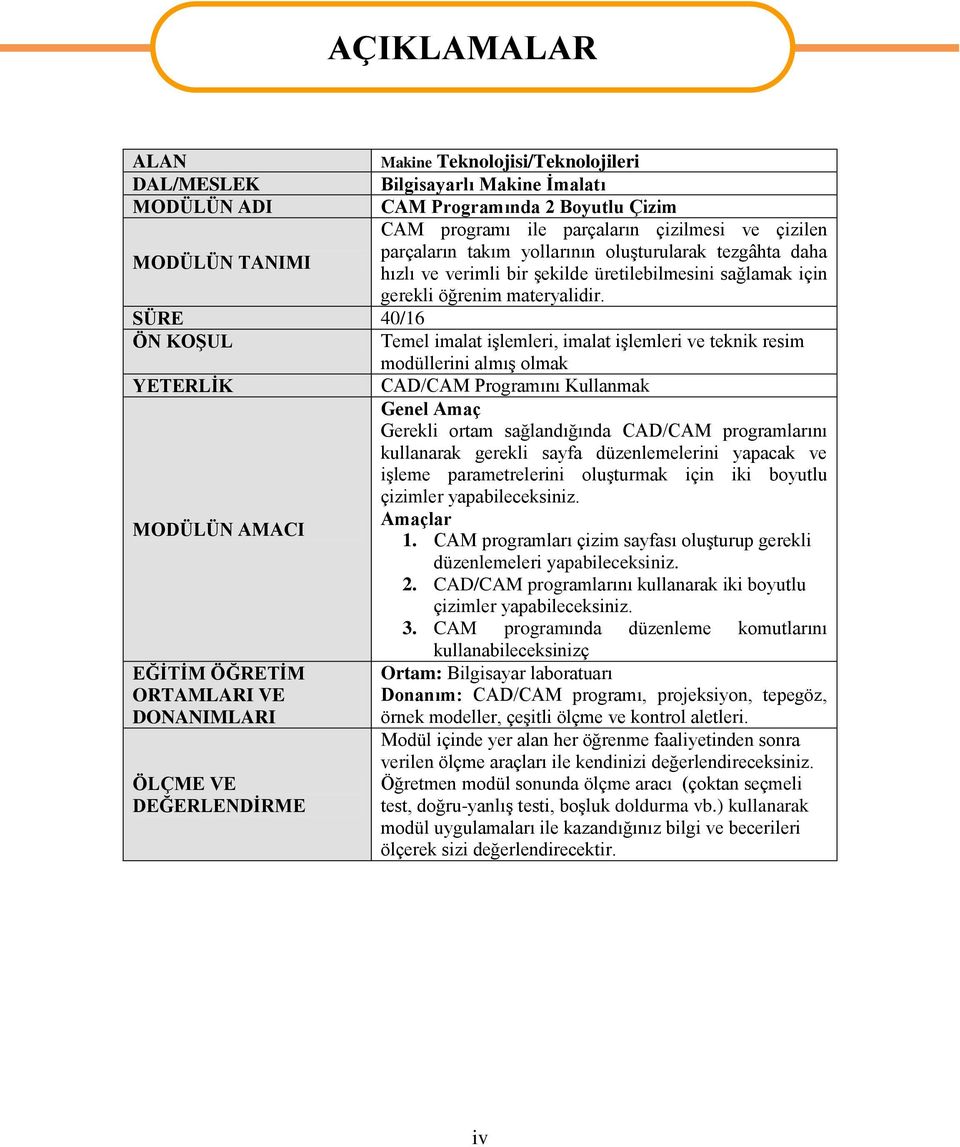 SÜRE 40/16 ÖN KOġUL Temel imalat iģlemleri, imalat iģlemleri ve teknik resim modüllerini almıģ olmak YETERLĠK CAD/CAM Programını Kullanmak Genel Amaç Gerekli ortam sağlandığında CAD/CAM programlarını