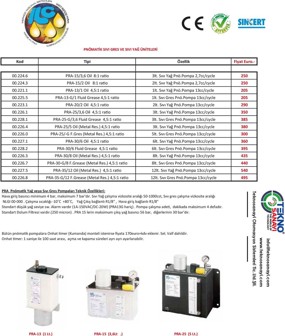 Sıvı Yağ Pnö.Pompa 13cc/cycle 290 00.226.1 PRA-25/3,6 Oil 4,5:1 ratio 3lt. Sıvı Yağ Pnö.Pompa 13cc/cycle 350 00.228.1 PRA-25-G/3,6 Fluid Grease 4,5:1 ratio 3lt. Sıvı Gres Pnö.Pompa 13cc/cycle 385 00.