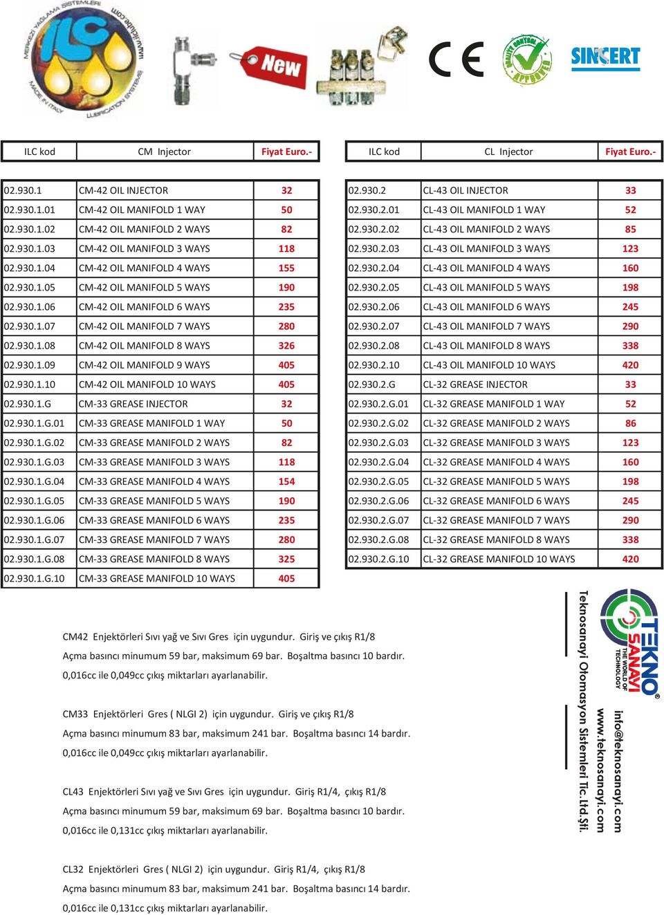 930.2.04 CL-43 OIL MANIFOLD 4 WAYS 160 02.930.1.05 CM-42 OIL MANIFOLD 5 WAYS 190 02.930.2.05 CL-43 OIL MANIFOLD 5 WAYS 198 02.930.1.06 CM-42 OIL MANIFOLD 6 WAYS 235 02.930.2.06 CL-43 OIL MANIFOLD 6 WAYS 245 02.