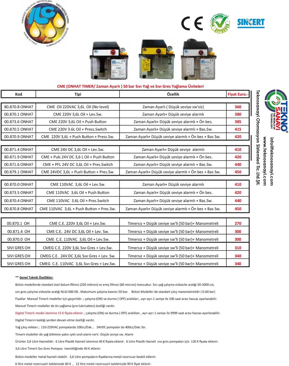 Switch Zaman Ayarlı+ Düşük seviye alarmlı + Bas.Sw. 415 00.870.9 ONHAT CME 220V 3,6L + Push Button + Press.Sw. Zaman Ayarlı+ Düşük seviye alarmlı + Ön bes + Bas Sw. 420 00.871.