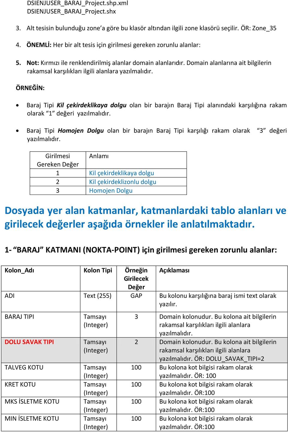 ÖRNEĞİN: Baraj Tipi Kil çekirdeklikaya dolgu olan bir barajın Baraj Tipi alanındaki karşılığına rakam olarak 1 değeri yazılmalıdır.