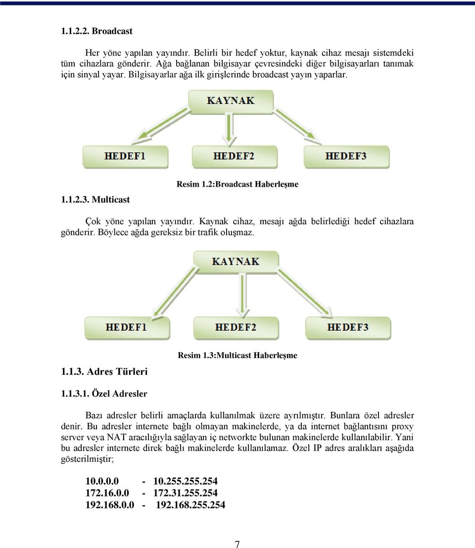 2:Broadcast Haberleşme Çok yöne yapılan yayındır. Kaynak cihaz, mesajı ağda belirlediği hedef cihazlara gönderir. Böylece ağda gereksiz bir trafik oluşmaz. 1.1.3. Adres Türleri Resim 1.