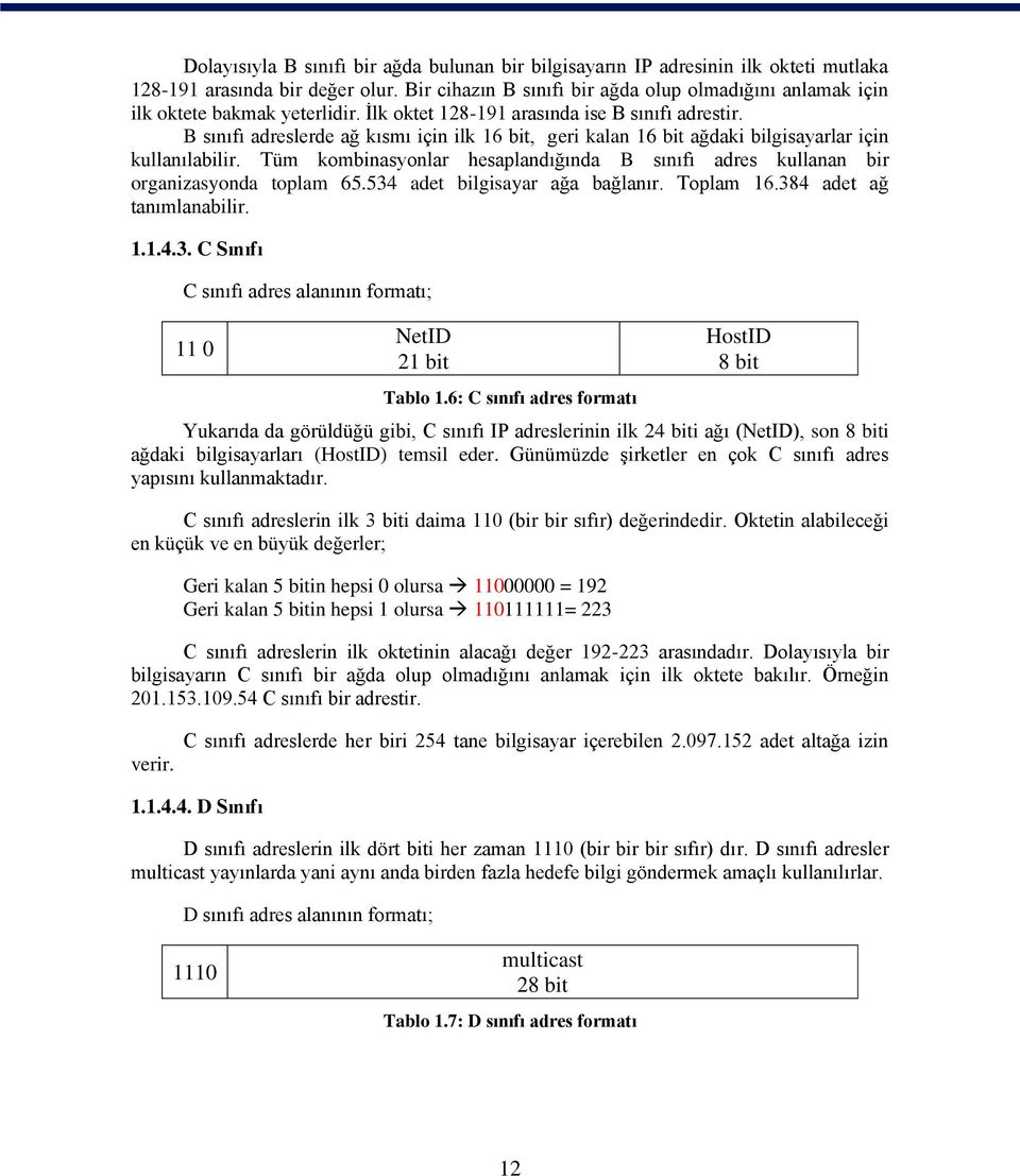 B sınıfı adreslerde ağ kısmı için ilk 16 bit, geri kalan 16 bit ağdaki bilgisayarlar için kullanılabilir. Tüm kombinasyonlar hesaplandığında B sınıfı adres kullanan bir organizasyonda toplam 65.