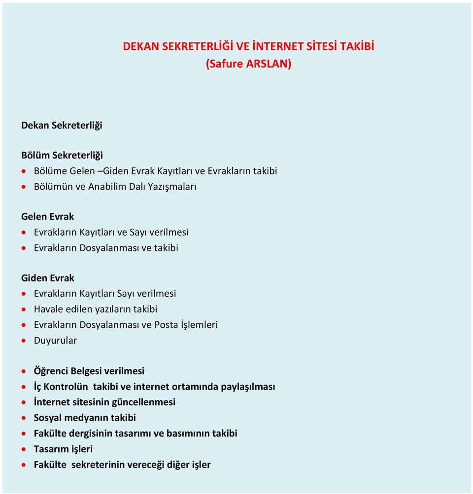 Havale edilen yazıların takibi Evrakların Dosyalanması ve Posta İşlemleri Duyurular Öğrenci Belgesi verilmesi İç Kontrolün takibi ve internet ortamında