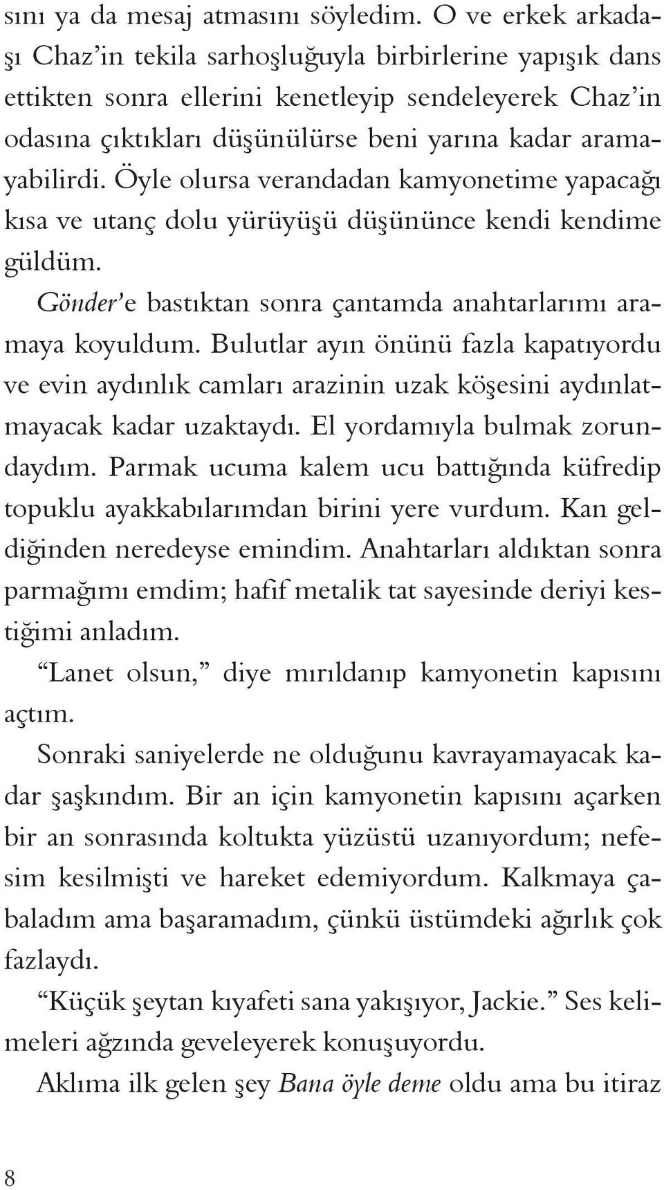 Öyle olursa verandadan kamyonetime yapacağı kısa ve utanç dolu yürüyüşü düşününce kendi kendime güldüm. Gönder e bastıktan sonra çantamda anahtarlarımı aramaya koyuldum.