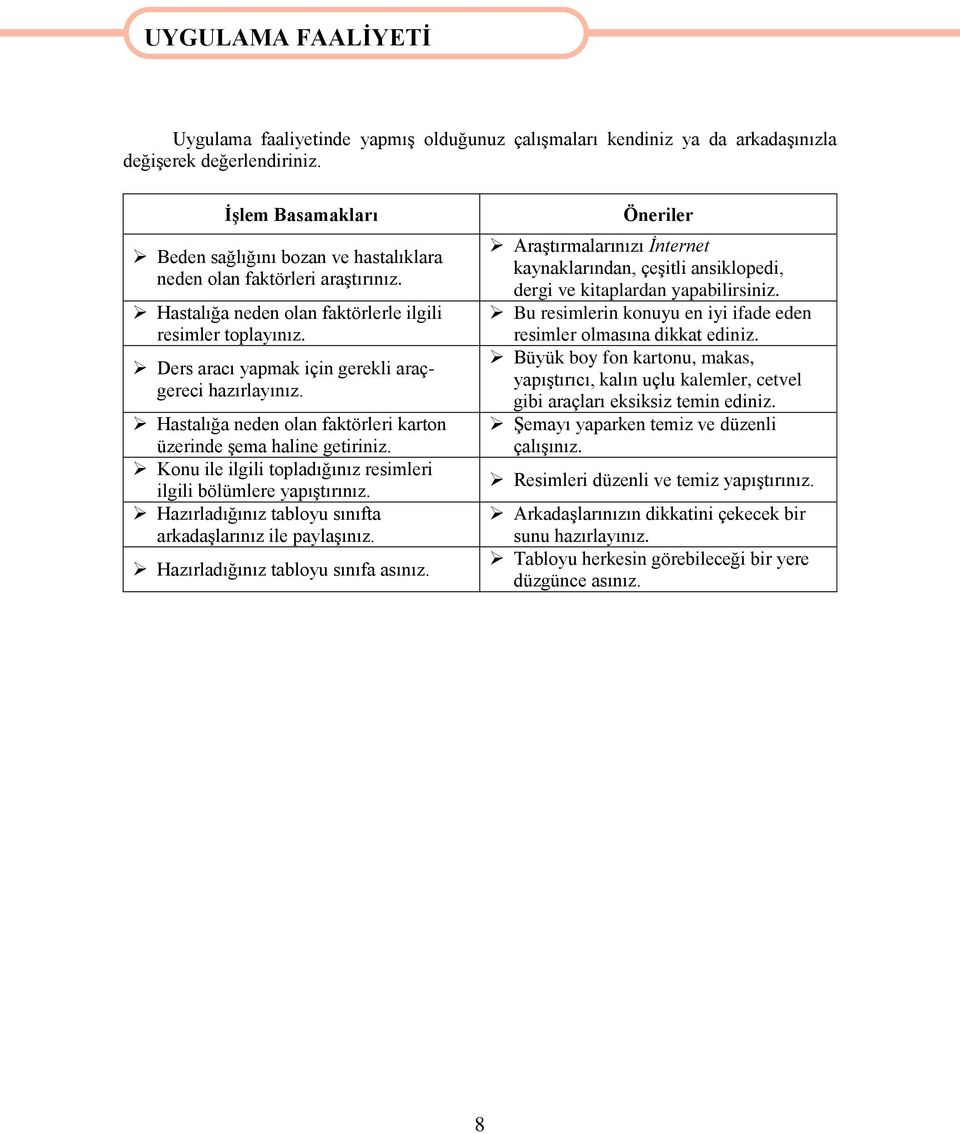 Ders aracı yapmak için gerekli araçgereci hazırlayınız. Hastalığa neden olan faktörleri karton üzerinde Ģema haline getiriniz. Konu ile ilgili topladığınız resimleri ilgili bölümlere yapıģtırınız.